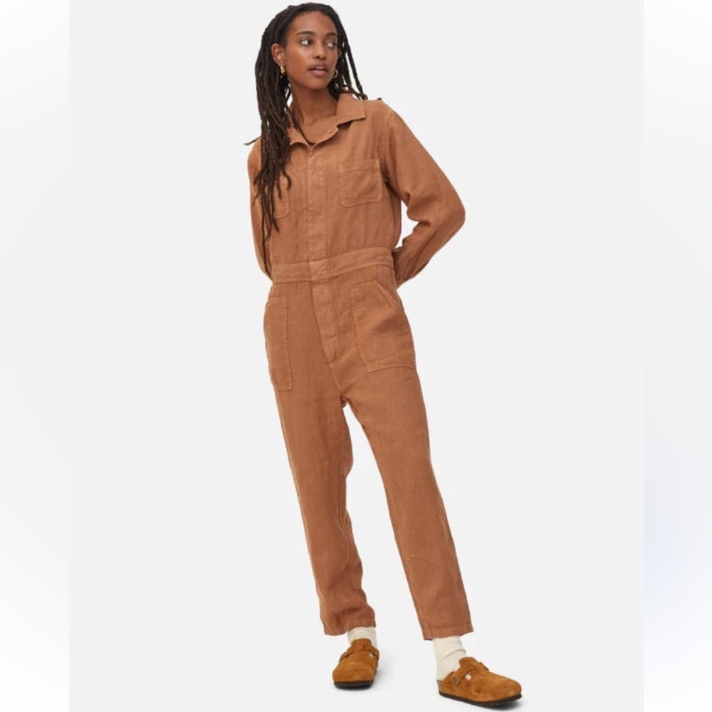 Mate Women Linen Jumpsuit Cropped Brown Medium Casual Summer Beach Vacation Boho